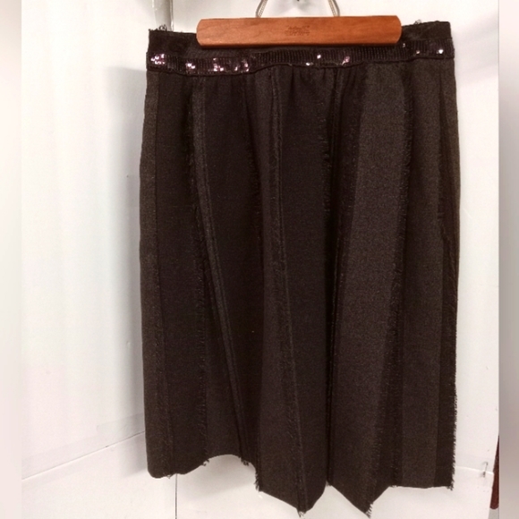 Dorothee Bis Brown Skirt Brown Raw Fringed Sequined Lined Size 6/ 32" WOOL  LOOK - Picture 1 of 9